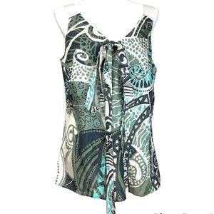 BRUPHILS  Women's Green Geometric Sleeveless Silk Top V-Neck Ribbon Tie Sz 44 L